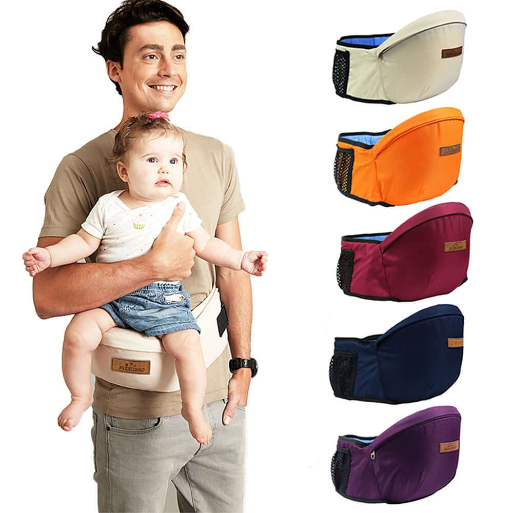 Man smiling while carrying baby in ergonomic waist seat carrier, showcasing various color options.
