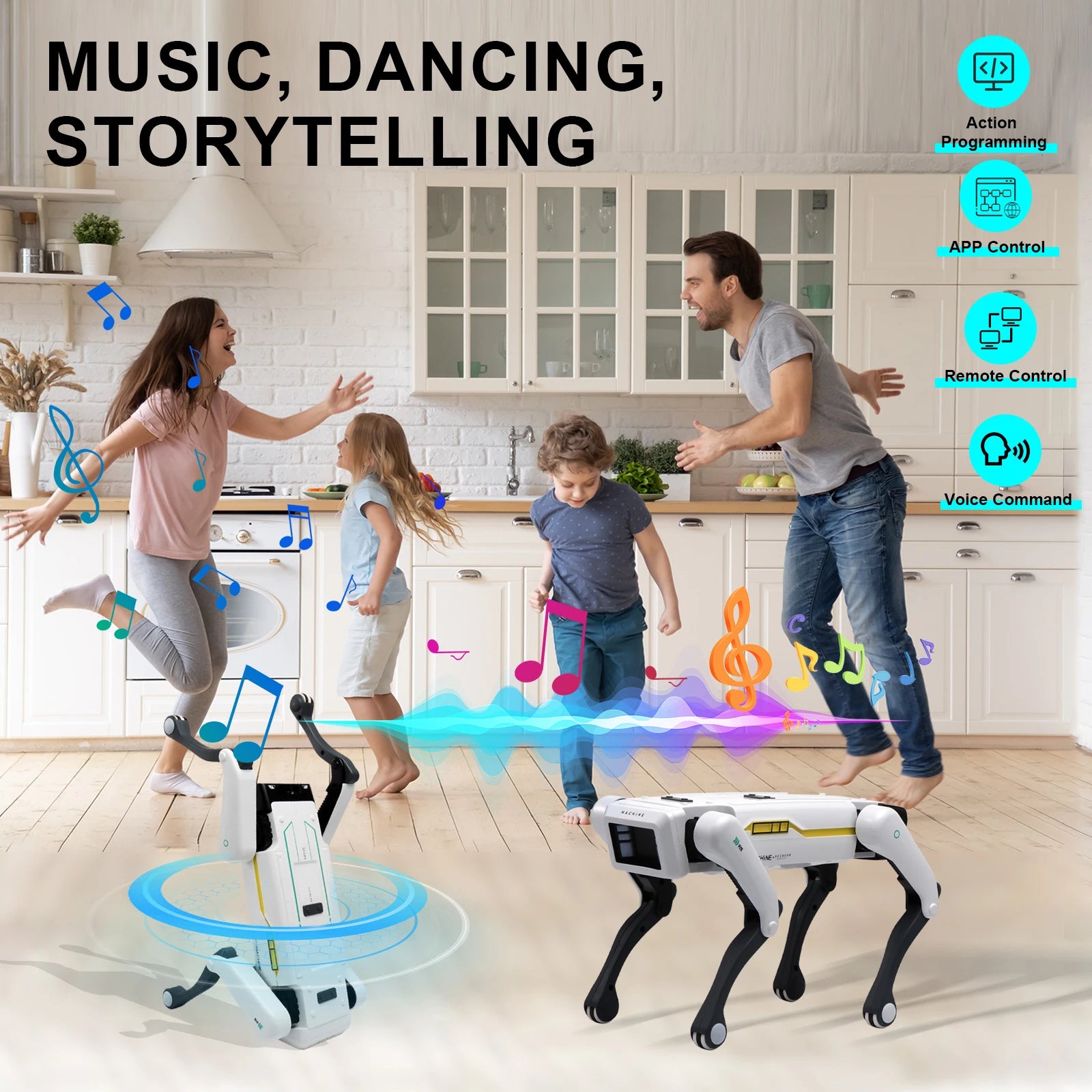 Interactive AI Robot Dog Toy engaging kids with music, dancing, and storytelling in a modern kitchen.