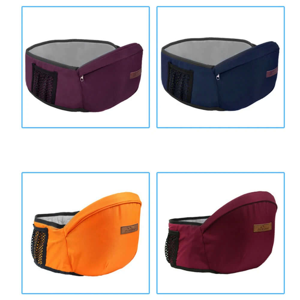 Colorful Clariom ergonomic baby waist seat carriers in purple, navy, orange, and burgundy.